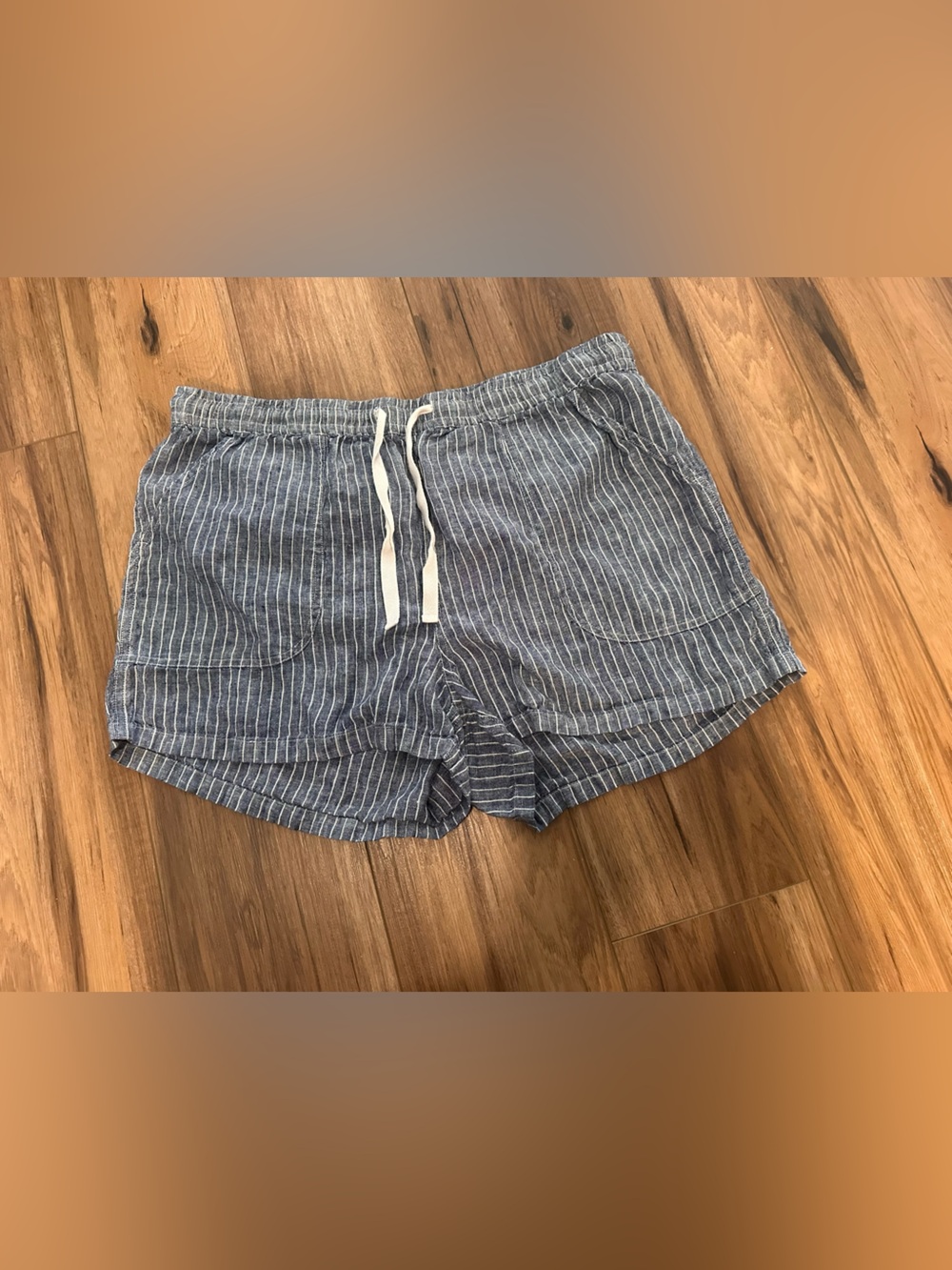 Quince Blue Striped Drawstring Linen Shorts with White Tie